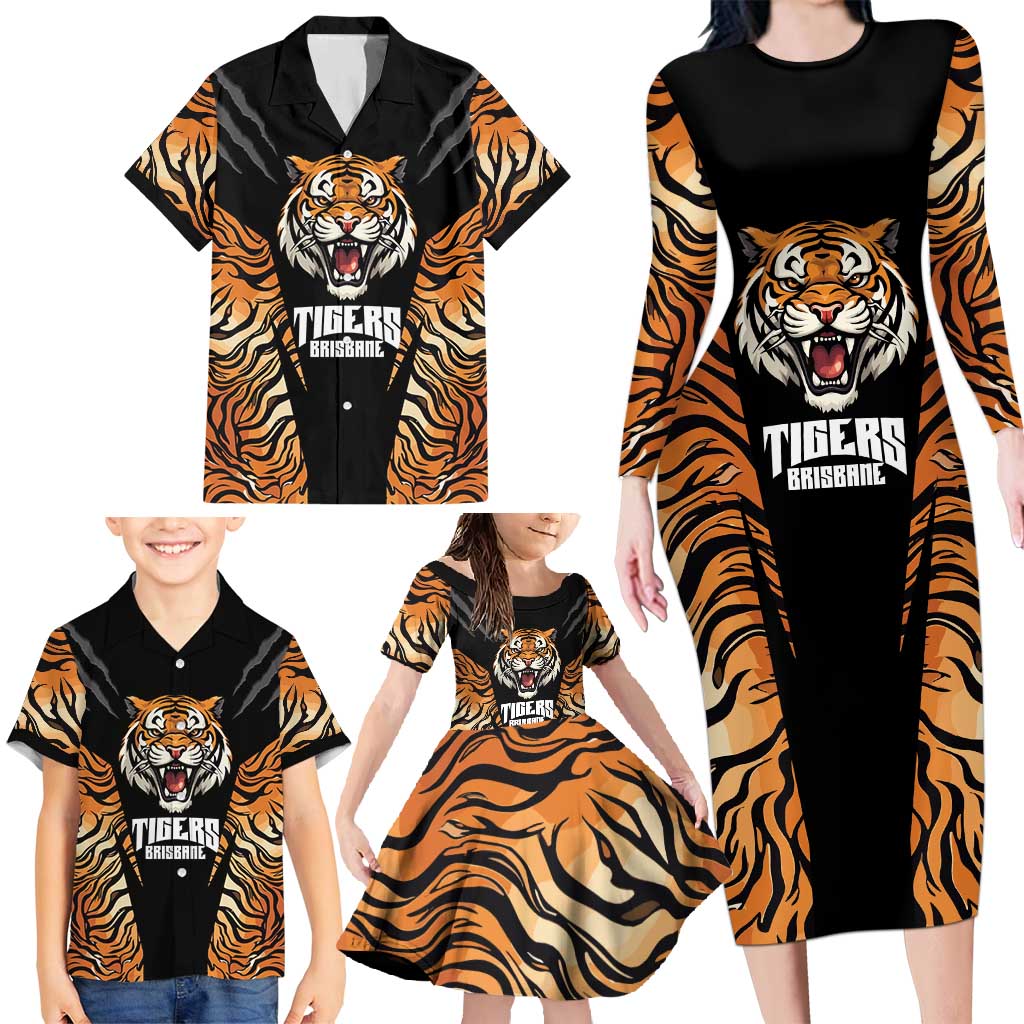 Brisbane Rugby Custom Family Matching Long Sleeve Bodycon Dress and Hawaiian Shirt Go Tigers Skin Pattern - Aussie Hoodie