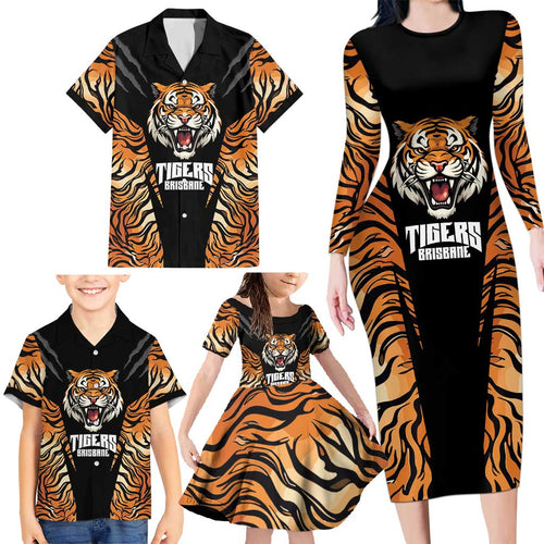 Brisbane Rugby Custom Family Matching Long Sleeve Bodycon Dress and Hawaiian Shirt Go Tigers Skin Pattern - Aussie Hoodie