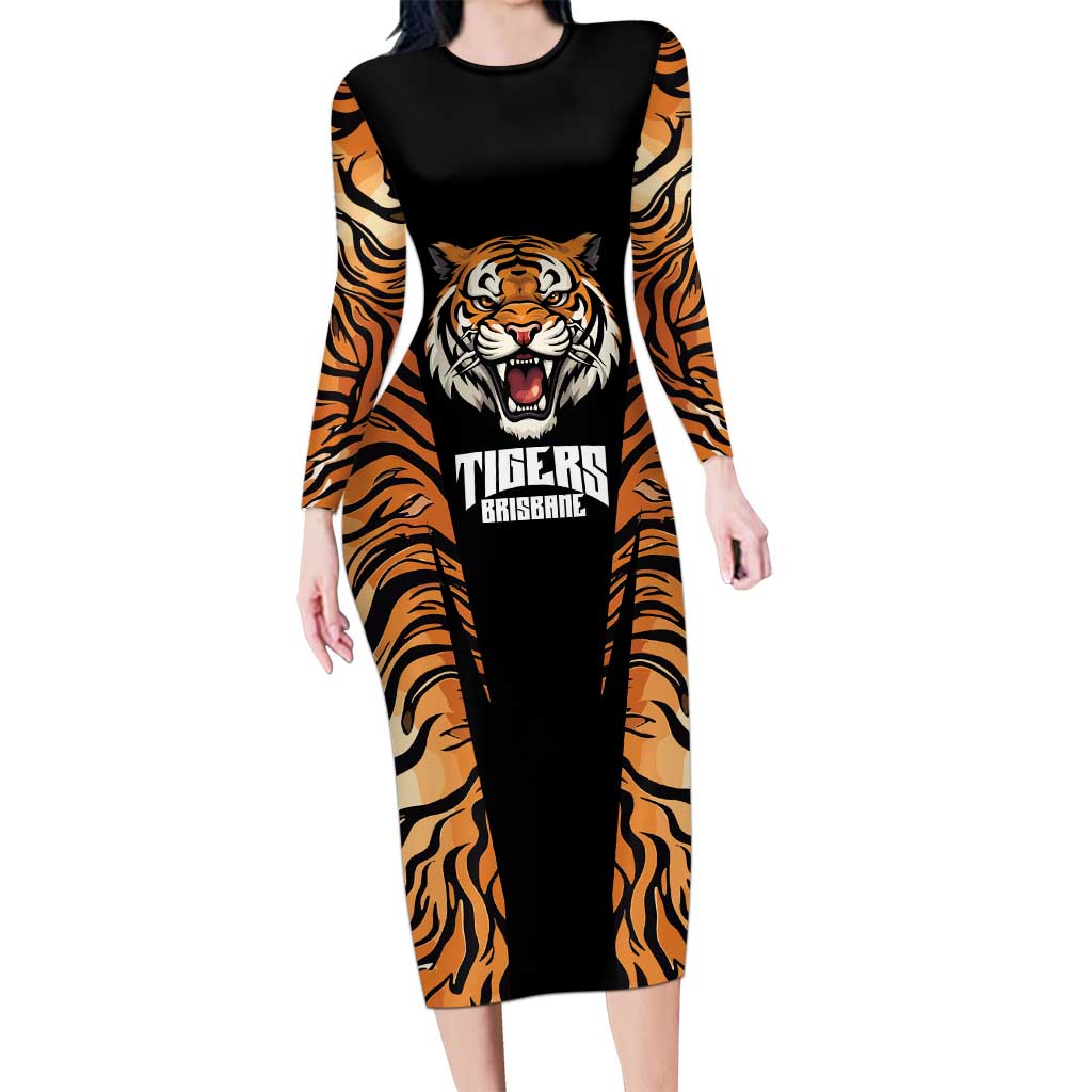 Brisbane Rugby Custom Family Matching Long Sleeve Bodycon Dress and Hawaiian Shirt Go Tigers Skin Pattern - Aussie Hoodie