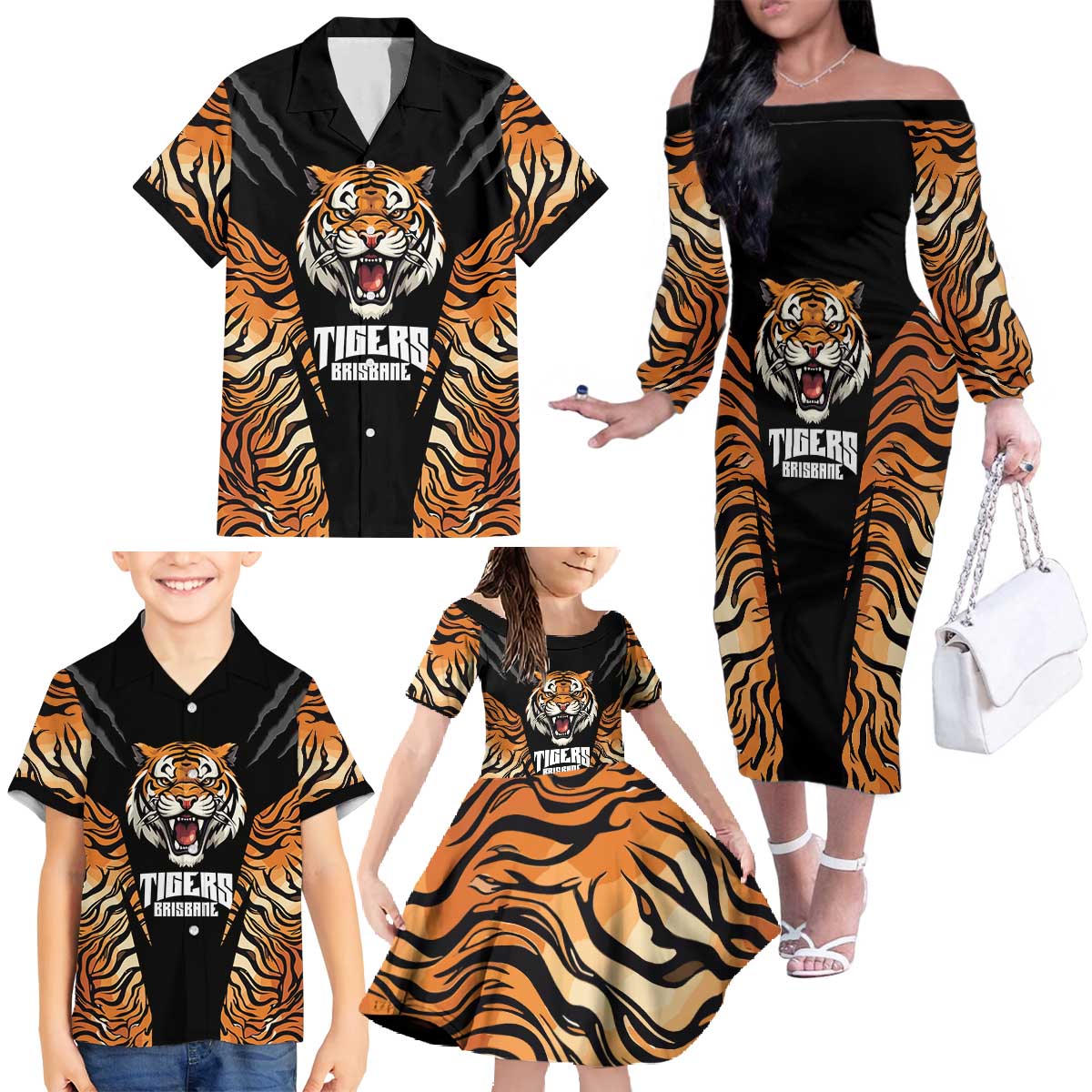 Brisbane Rugby Custom Family Matching Off The Shoulder Long Sleeve Dress and Hawaiian Shirt Go Tigers Skin Pattern - Aussie Hoodie