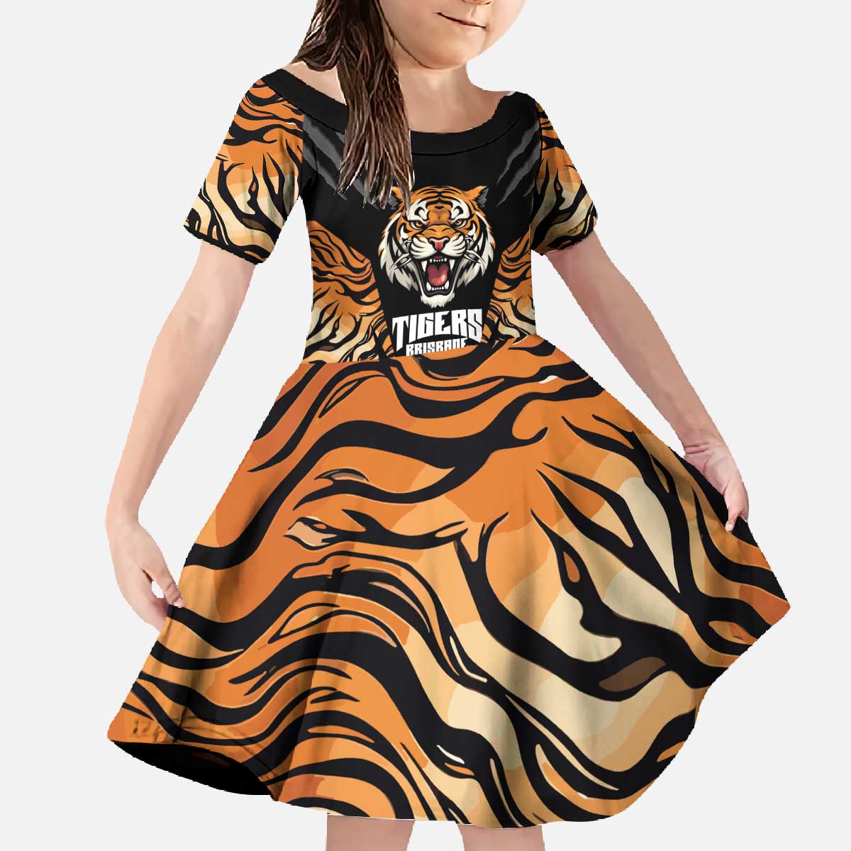 Brisbane Rugby Custom Family Matching Off The Shoulder Long Sleeve Dress and Hawaiian Shirt Go Tigers Skin Pattern - Aussie Hoodie