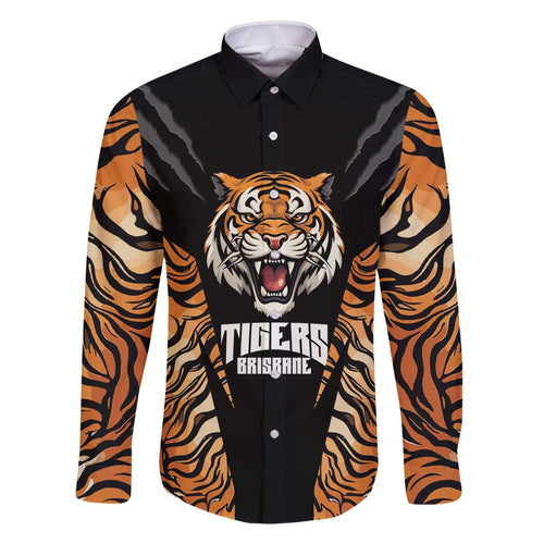 Brisbane Rugby Custom Family Matching Off The Shoulder Long Sleeve Dress and Hawaiian Shirt Go Tigers Skin Pattern - Aussie Hoodie