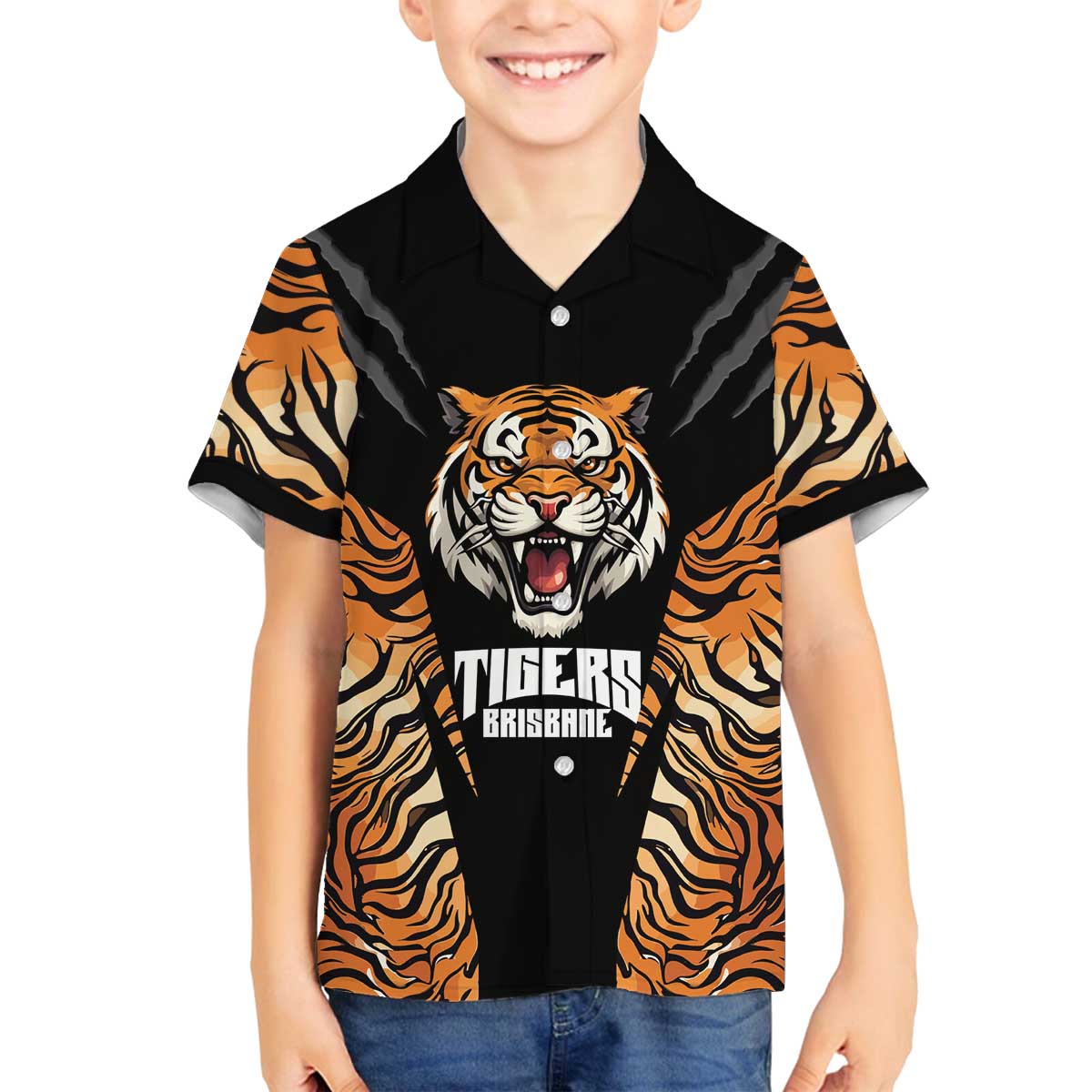 Brisbane Rugby Custom Family Matching Off The Shoulder Long Sleeve Dress and Hawaiian Shirt Go Tigers Skin Pattern - Aussie Hoodie