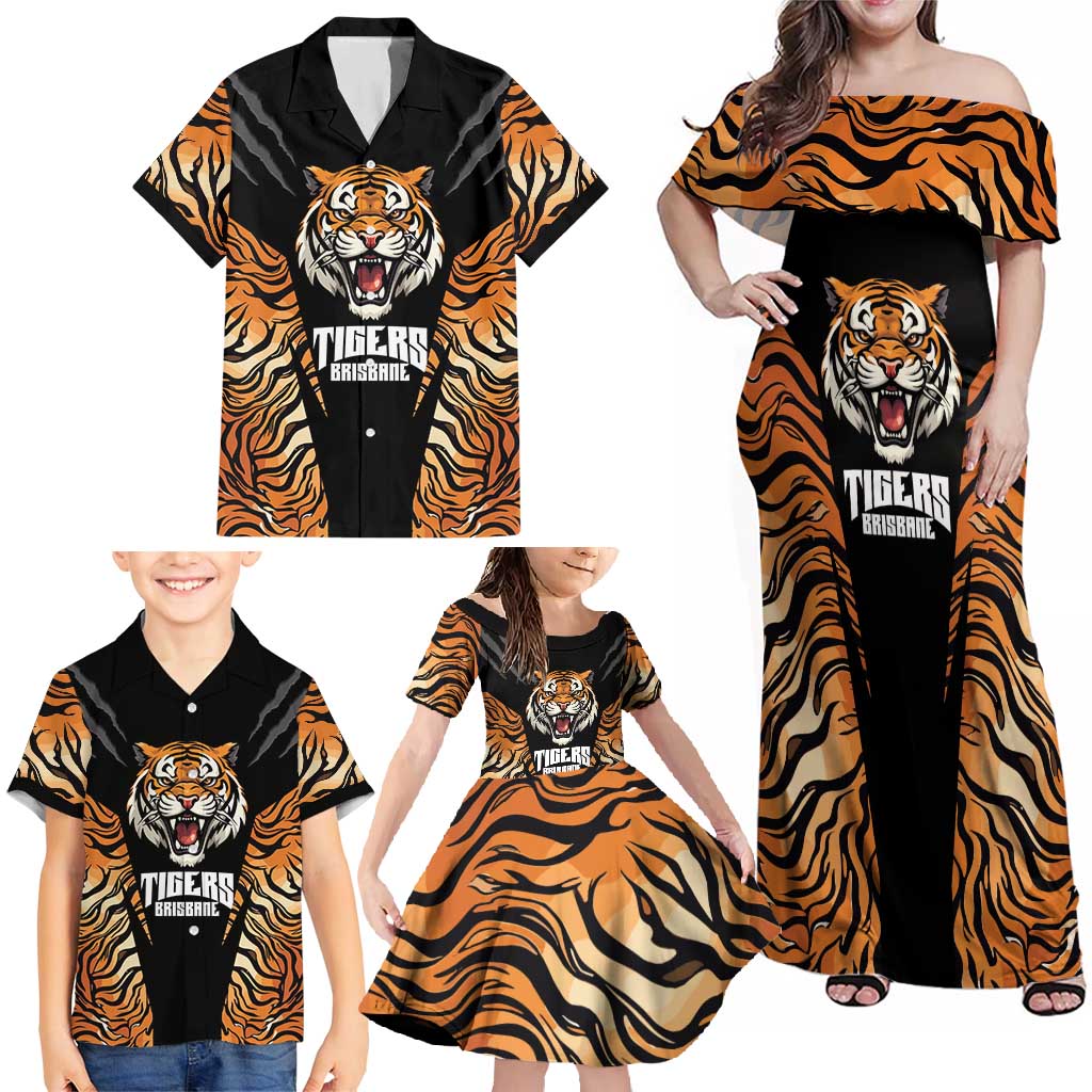 Brisbane Rugby Custom Family Matching Off Shoulder Maxi Dress and Hawaiian Shirt Go Tigers Skin Pattern - Aussie Hoodie