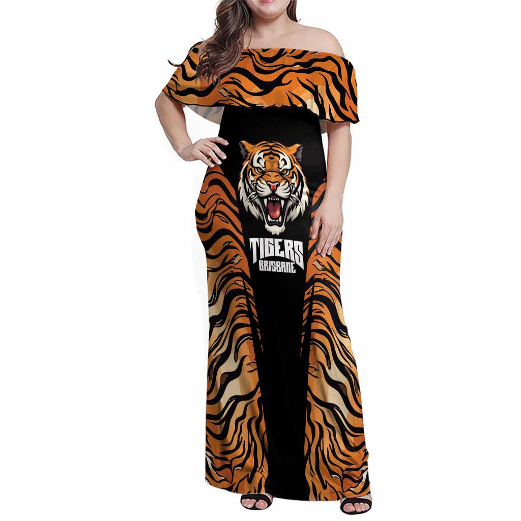 Brisbane Rugby Custom Family Matching Off Shoulder Maxi Dress and Hawaiian Shirt Go Tigers Skin Pattern - Aussie Hoodie