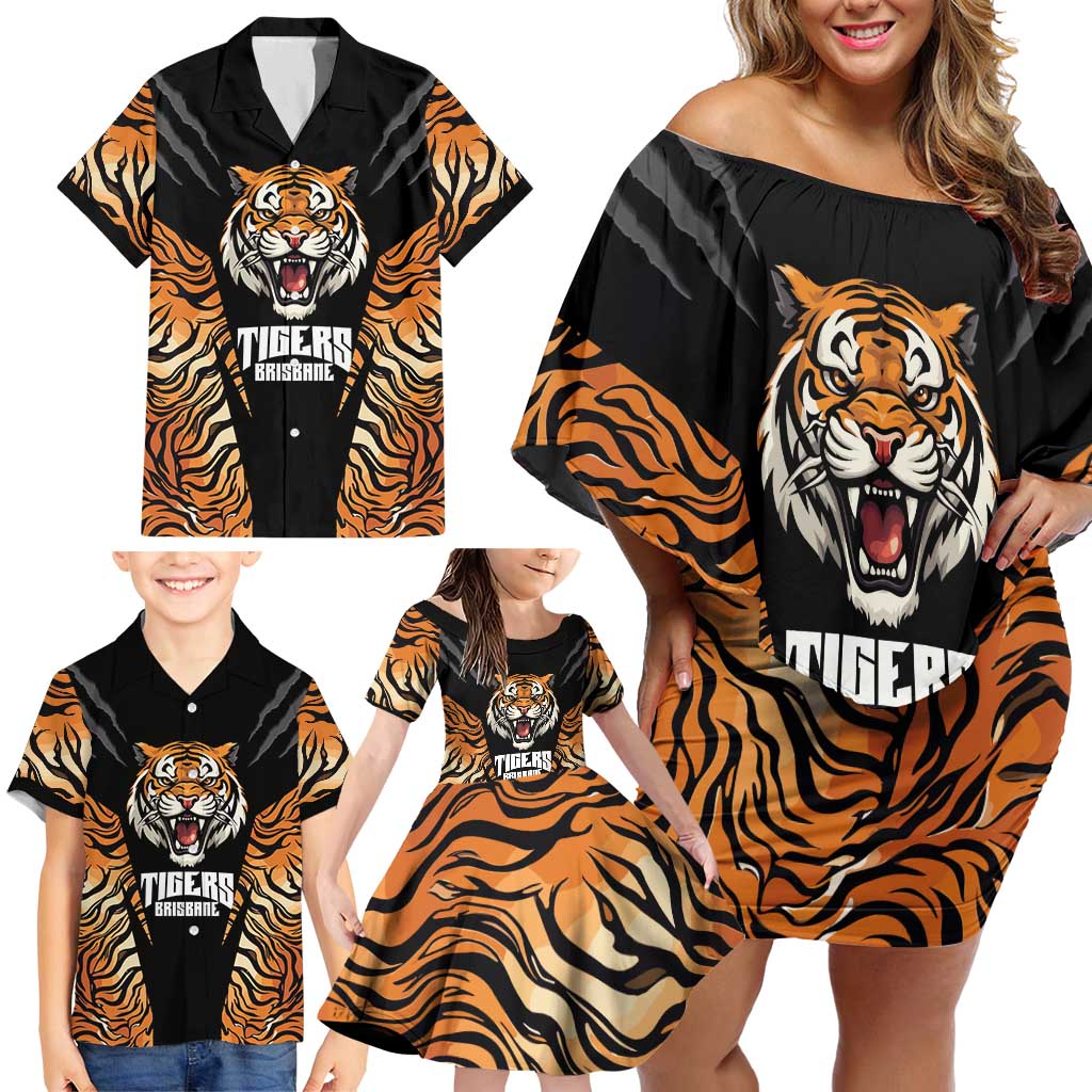 Brisbane Rugby Custom Family Matching Off Shoulder Short Dress and Hawaiian Shirt Go Tigers Skin Pattern - Aussie Hoodie