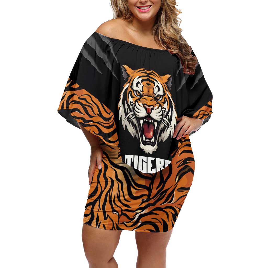 Brisbane Rugby Custom Family Matching Off Shoulder Short Dress and Hawaiian Shirt Go Tigers Skin Pattern - Aussie Hoodie