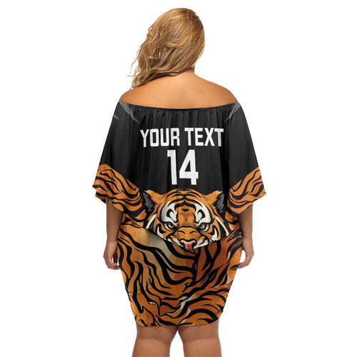 Brisbane Rugby Custom Family Matching Off Shoulder Short Dress and Hawaiian Shirt Go Tigers Skin Pattern - Aussie Hoodie