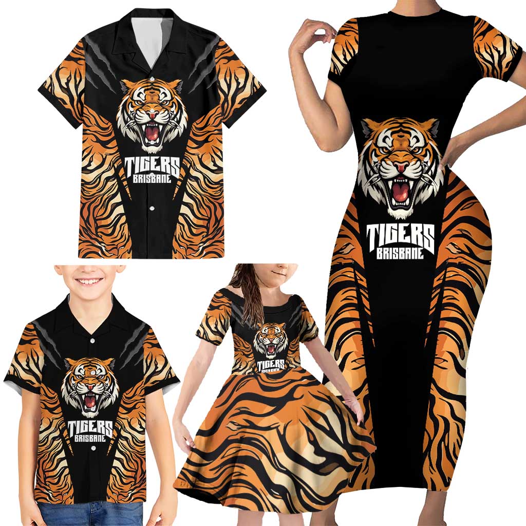 Brisbane Rugby Custom Family Matching Short Sleeve Bodycon Dress and Hawaiian Shirt Go Tigers Skin Pattern - Aussie Hoodie