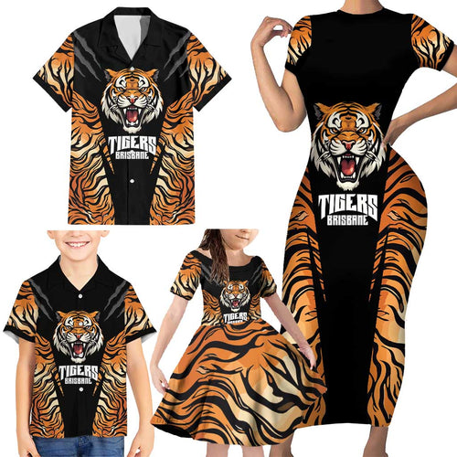 Brisbane Rugby Custom Family Matching Short Sleeve Bodycon Dress and Hawaiian Shirt Go Tigers Skin Pattern - Aussie Hoodie