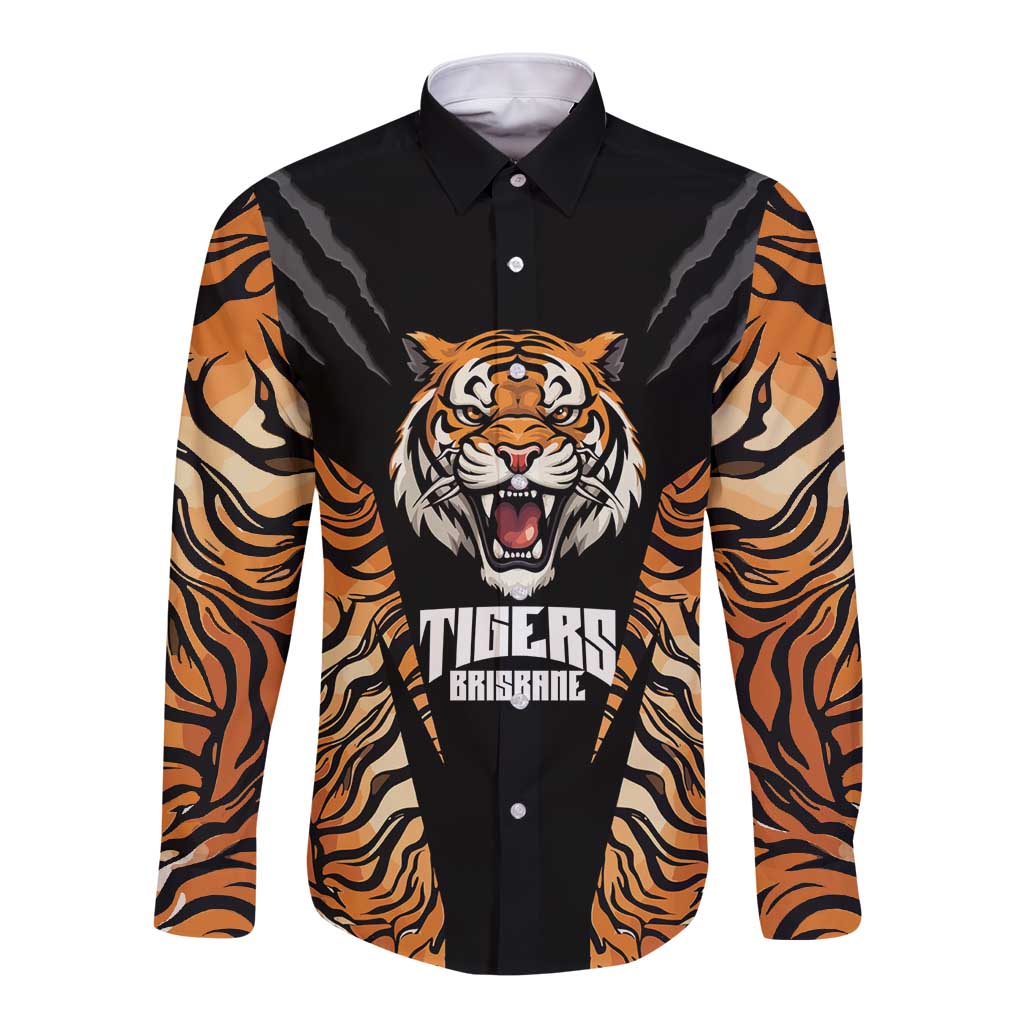 Brisbane Rugby Custom Long Sleeve Button Shirt Go Tigers Skin Pattern - Aussie Hoodie