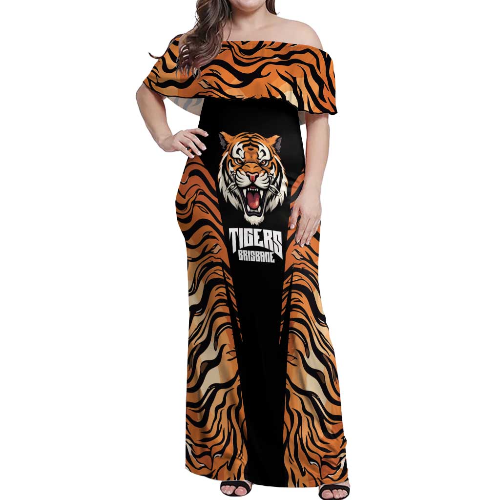 Brisbane Rugby Custom Off Shoulder Maxi Dress Go Tigers Skin Pattern - Aussie Hoodie