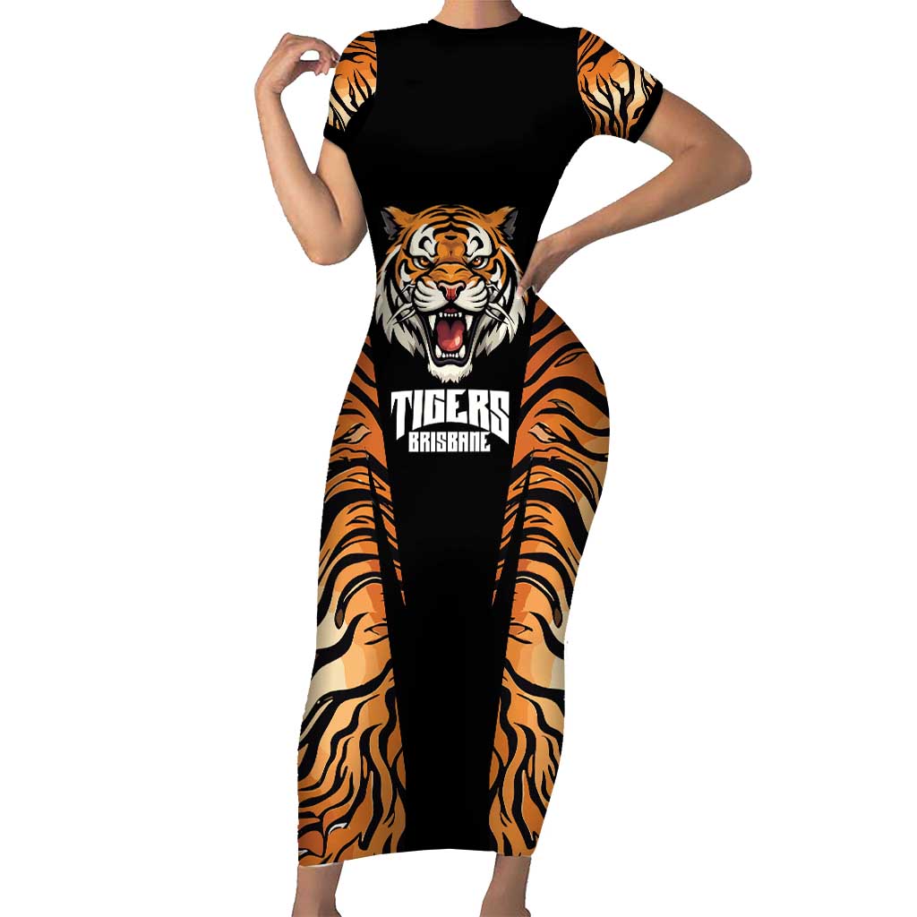 Brisbane Rugby Custom Short Sleeve Bodycon Dress Go Tigers Skin Pattern - Aussie Hoodie