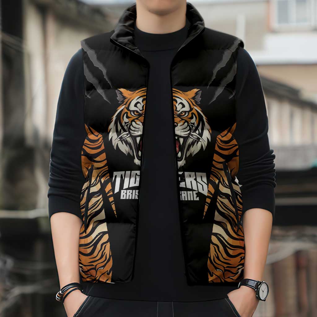 Brisbane Rugby Custom Sleeveless Puffer Jacket Go Tigers Skin Pattern - Aussie Hoodie