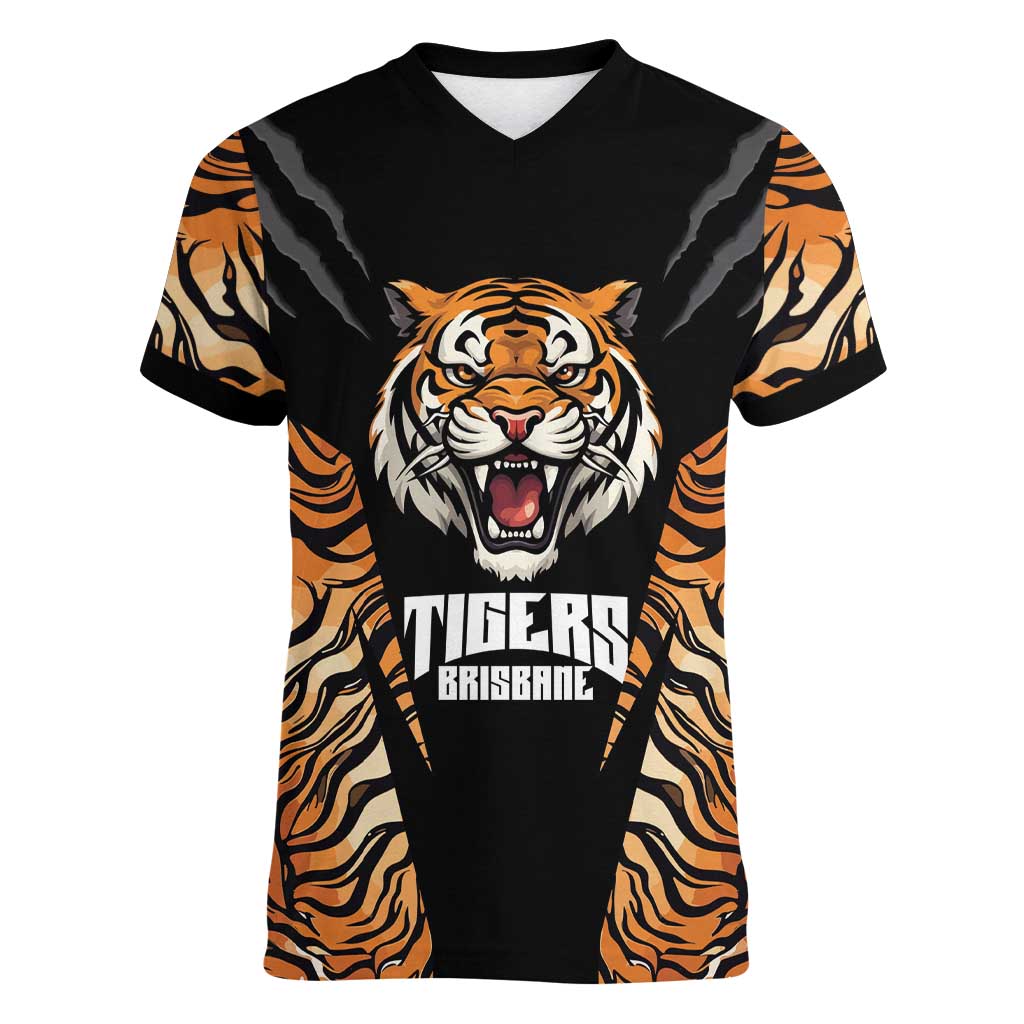 Brisbane Rugby Custom Women V-Neck T-Shirt Go Tigers Skin Pattern - Aussie Hoodie