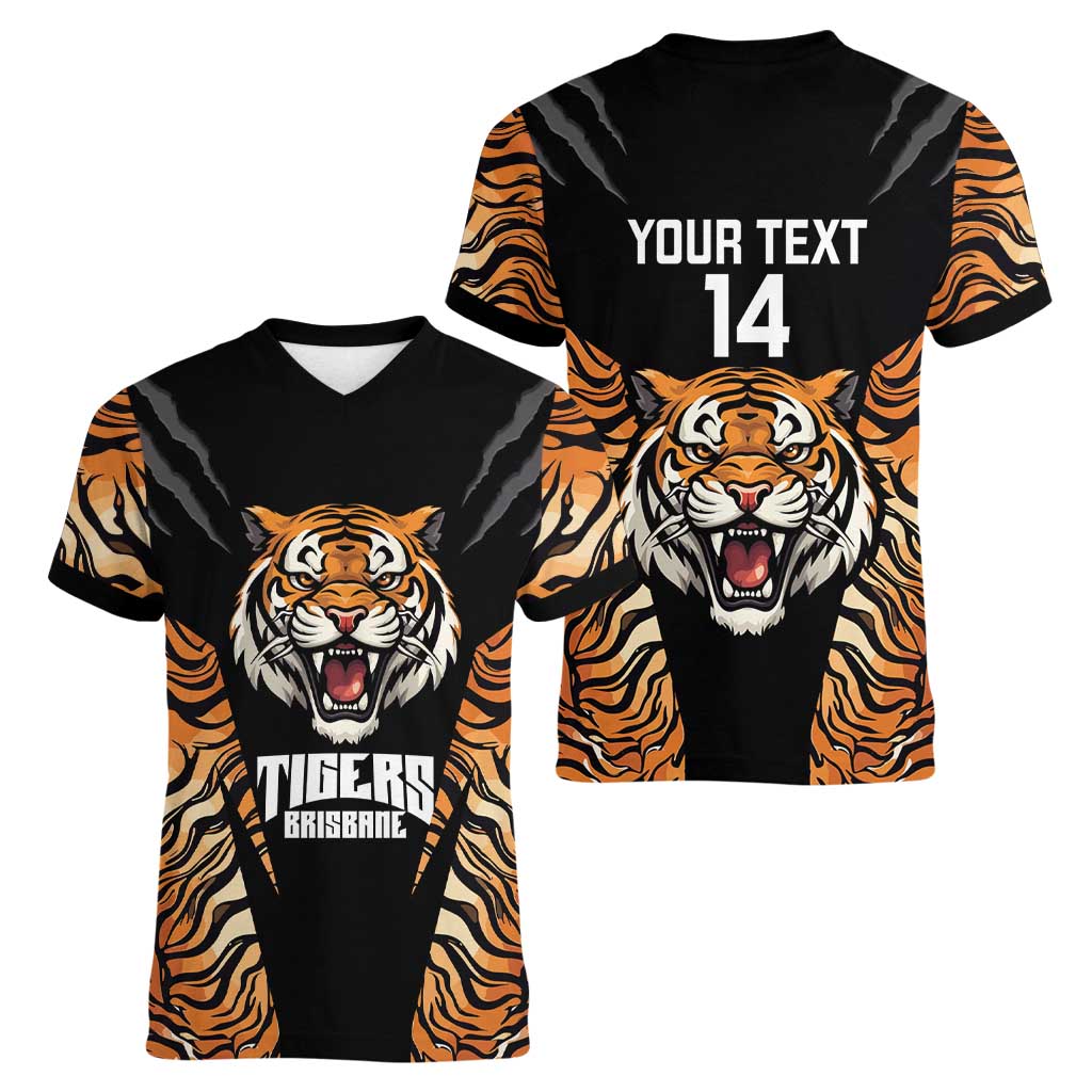 Brisbane Rugby Custom Women V-Neck T-Shirt Go Tigers Skin Pattern - Aussie Hoodie