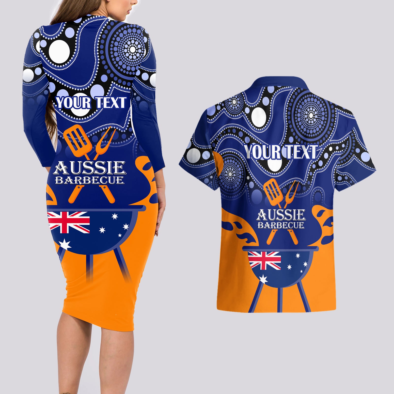 personalised-australia-barbecue-couples-matching-long-sleeve-bodycon-dress-and-hawaiian-shirt-aussie-lovers-bbq-indigenous-version