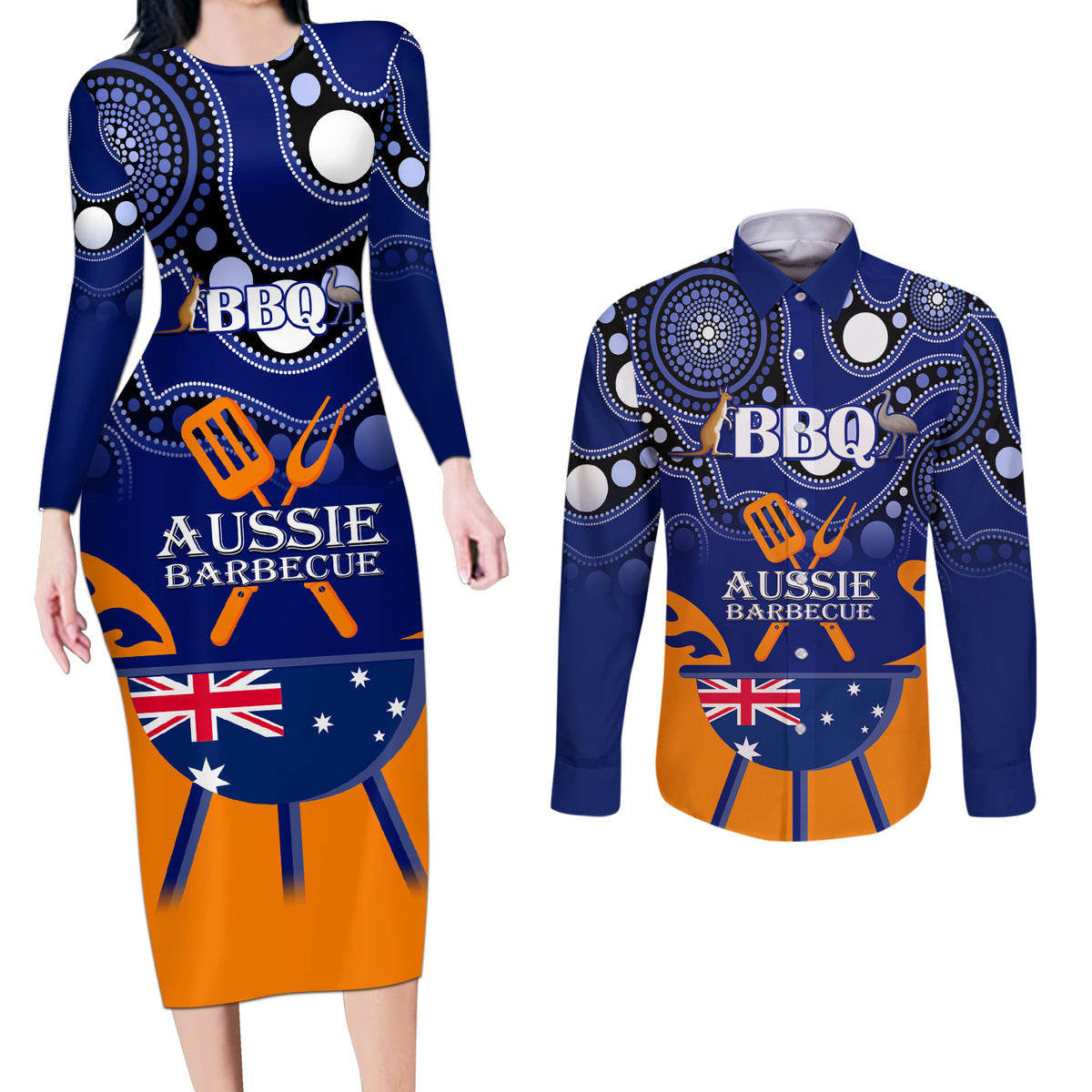 personalised-australia-barbecue-couples-matching-long-sleeve-bodycon-dress-and-long-sleeve-button-shirts-aussie-lovers-bbq-indigenous-version