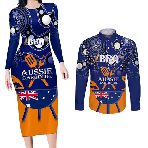 personalised-australia-barbecue-couples-matching-long-sleeve-bodycon-dress-and-long-sleeve-button-shirts-aussie-lovers-bbq-indigenous-version