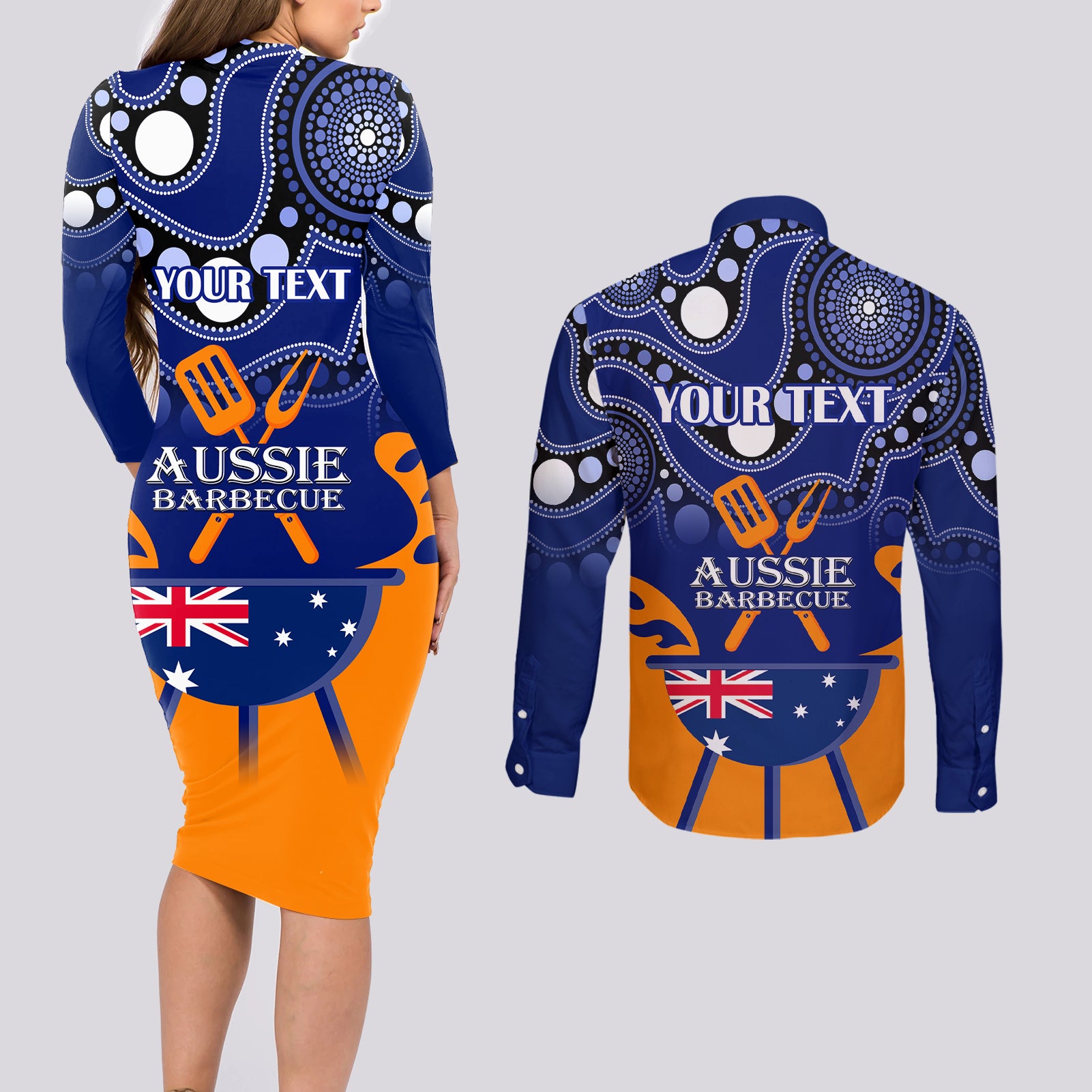 personalised-australia-barbecue-couples-matching-long-sleeve-bodycon-dress-and-long-sleeve-button-shirts-aussie-lovers-bbq-indigenous-version