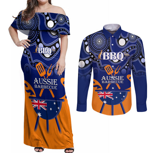 personalised-australia-barbecue-couples-matching-off-shoulder-maxi-dress-and-long-sleeve-button-shirts-aussie-lovers-bbq-indigenous-version