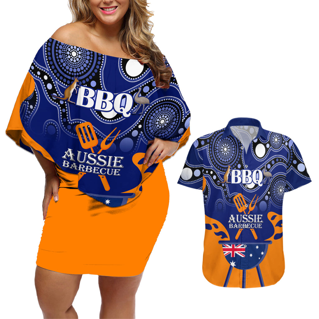 personalised-australia-barbecue-couples-matching-off-shoulder-short-dress-and-hawaiian-shirt-aussie-lovers-bbq-indigenous-version