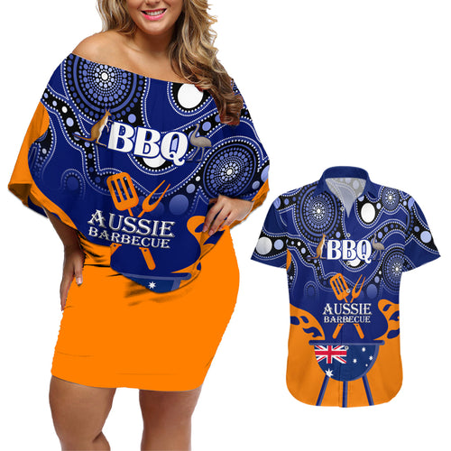 personalised-australia-barbecue-couples-matching-off-shoulder-short-dress-and-hawaiian-shirt-aussie-lovers-bbq-indigenous-version