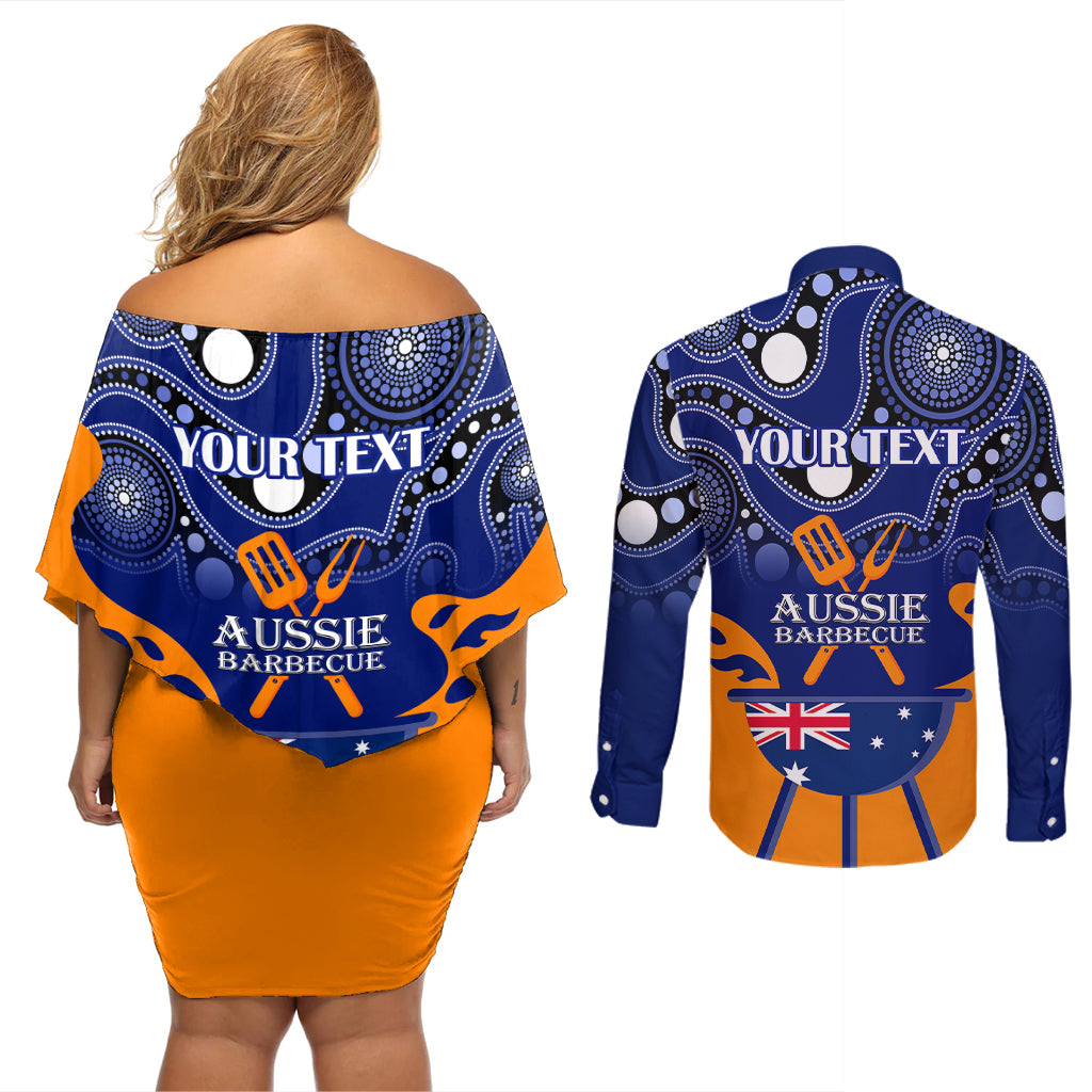 personalised-australia-barbecue-couples-matching-off-shoulder-short-dress-and-long-sleeve-button-shirts-aussie-lovers-bbq-indigenous-version