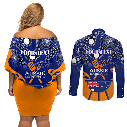 personalised-australia-barbecue-couples-matching-off-shoulder-short-dress-and-long-sleeve-button-shirts-aussie-lovers-bbq-indigenous-version