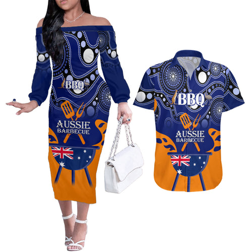 personalised-australia-barbecue-couples-matching-off-the-shoulder-long-sleeve-dress-and-hawaiian-shirt-aussie-lovers-bbq-indigenous-version
