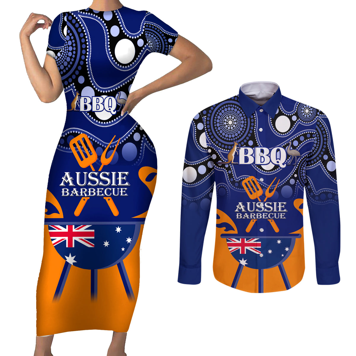 personalised-australia-barbecue-couples-matching-short-sleeve-bodycon-dress-and-long-sleeve-button-shirts-aussie-lovers-bbq-indigenous-version
