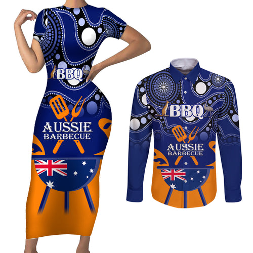 personalised-australia-barbecue-couples-matching-short-sleeve-bodycon-dress-and-long-sleeve-button-shirts-aussie-lovers-bbq-indigenous-version