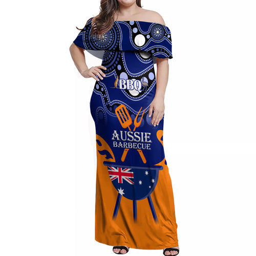 personalised-australia-barbecue-off-shoulder-maxi-dress-aussie-lovers-bbq-indigenous-version