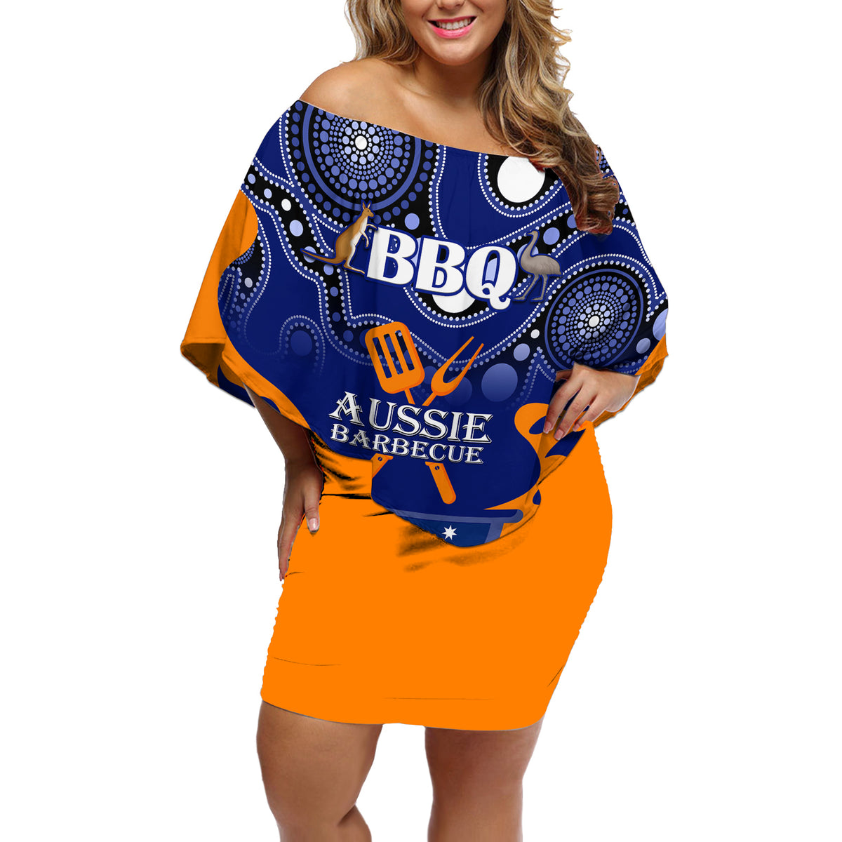 personalised-australia-barbecue-off-shoulder-short-dress-aussie-lovers-bbq-indigenous-version