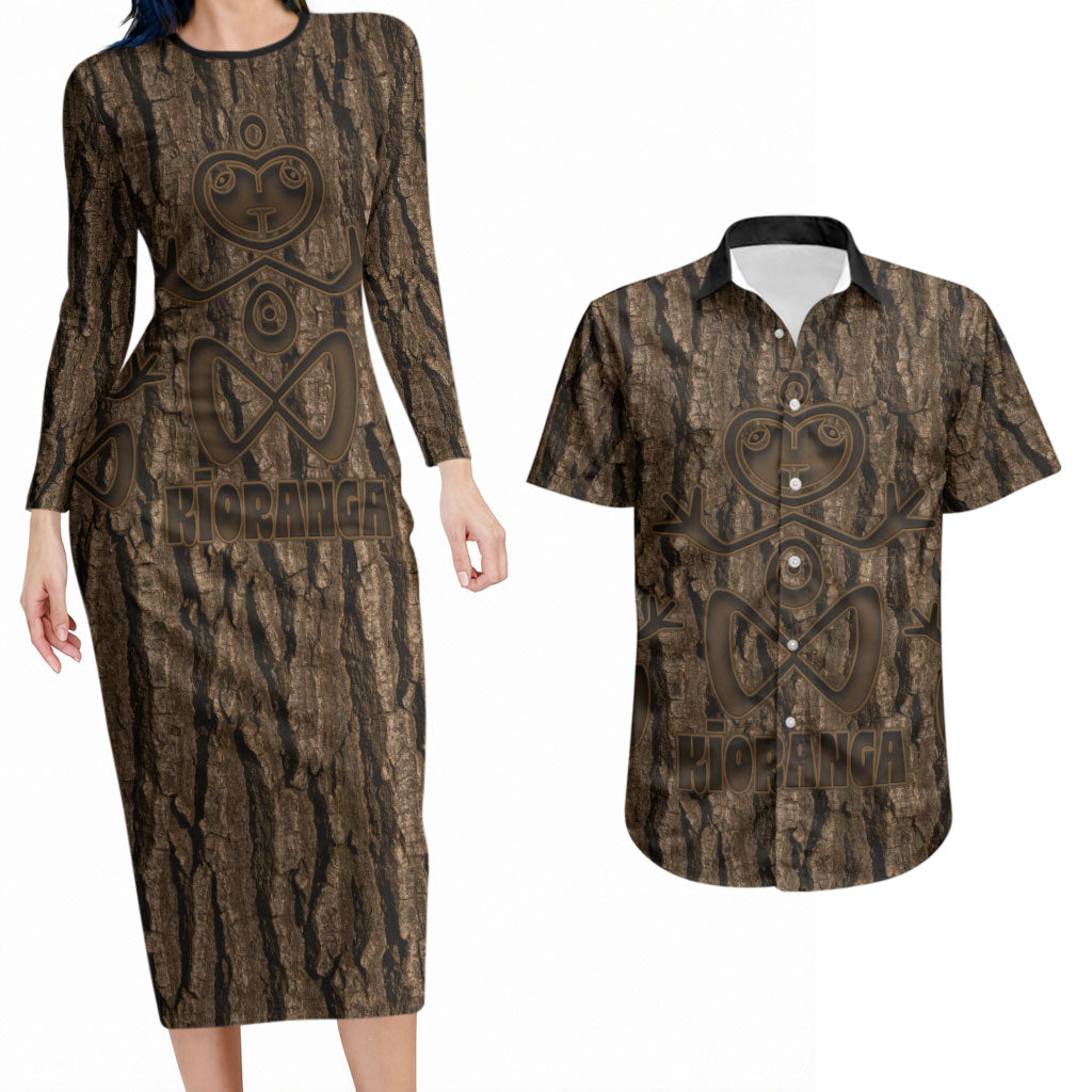 Kioranga Moriori New Zealand Couples Matching Long Sleeve Bodycon Dress and Hawaiian Shirt Kopi Rakau Carving Art