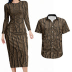 Kioranga Moriori New Zealand Couples Matching Long Sleeve Bodycon Dress and Hawaiian Shirt Kopi Rakau Carving Art