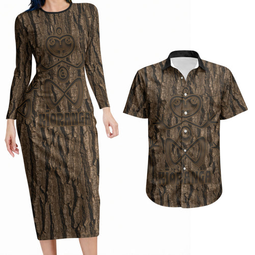 Kioranga Moriori New Zealand Couples Matching Long Sleeve Bodycon Dress and Hawaiian Shirt Kopi Rakau Carving Art