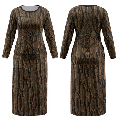 Kioranga Moriori New Zealand Couples Matching Long Sleeve Bodycon Dress and Hawaiian Shirt Kopi Rakau Carving Art