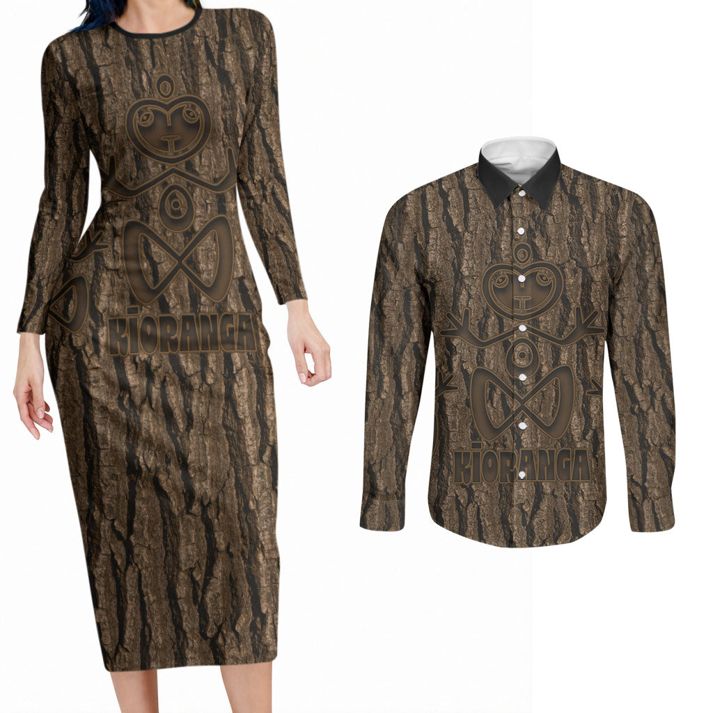 Kioranga Moriori New Zealand Couples Matching Long Sleeve Bodycon Dress and Long Sleeve Button Shirt Kopi Rakau Carving Art