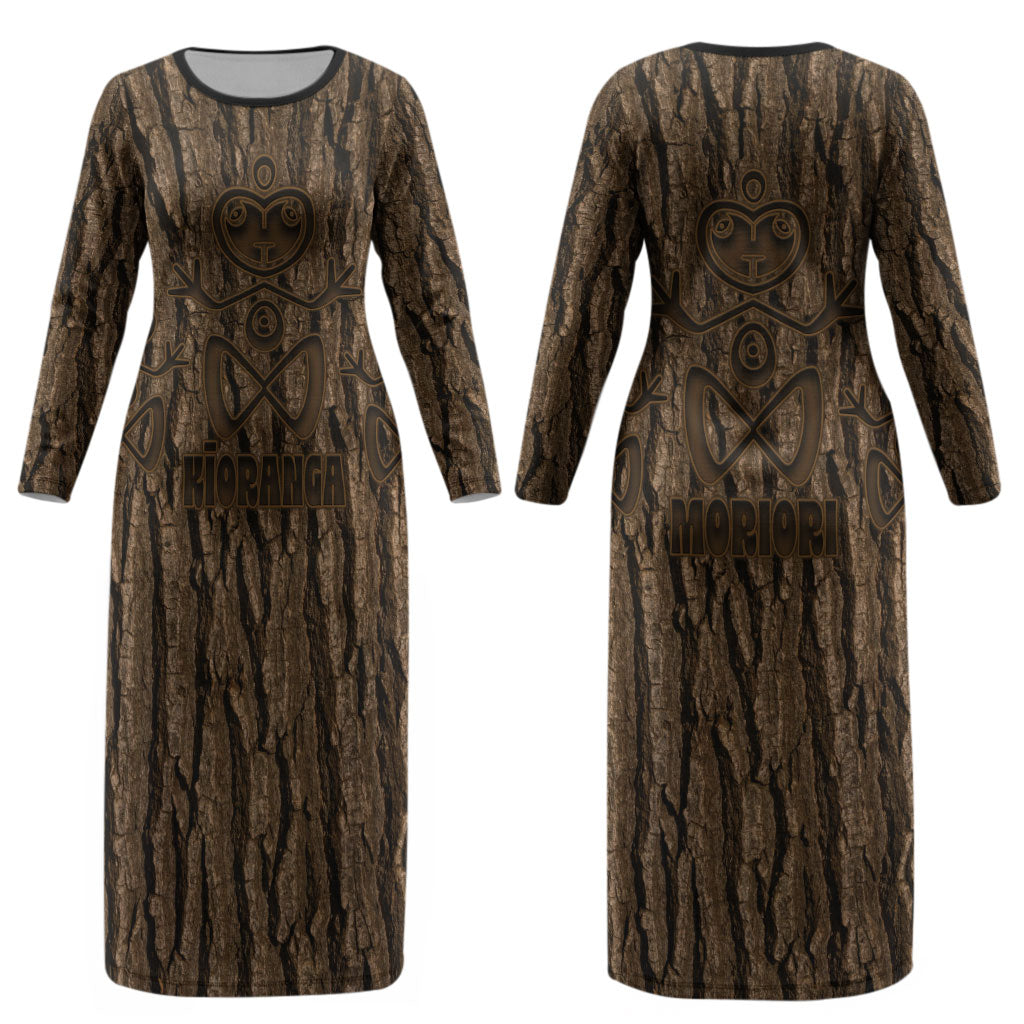 Kioranga Moriori New Zealand Couples Matching Long Sleeve Bodycon Dress and Long Sleeve Button Shirt Kopi Rakau Carving Art