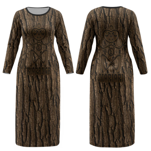 Kioranga Moriori New Zealand Couples Matching Long Sleeve Bodycon Dress and Long Sleeve Button Shirt Kopi Rakau Carving Art