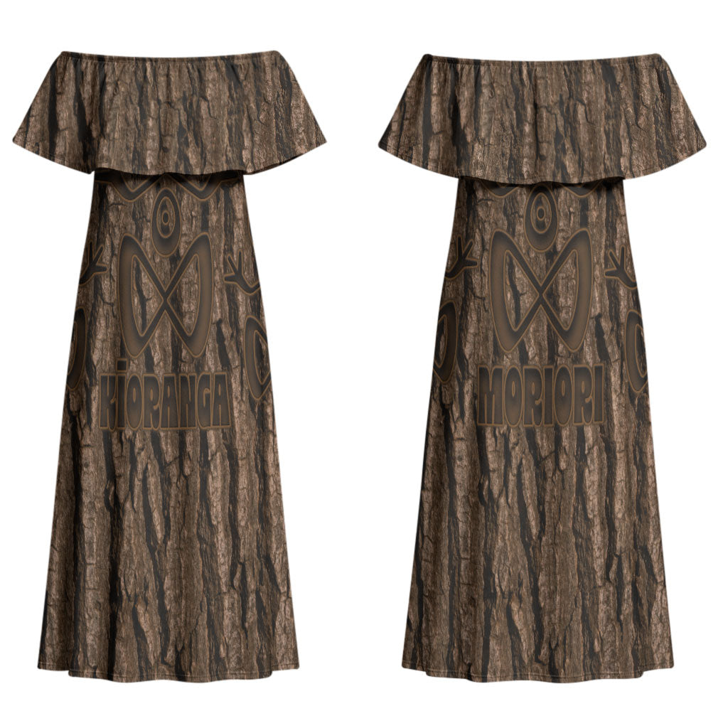 Kioranga Moriori New Zealand Couples Matching Off Shoulder Maxi Dress and Hawaiian Shirt Kopi Rakau Carving Art