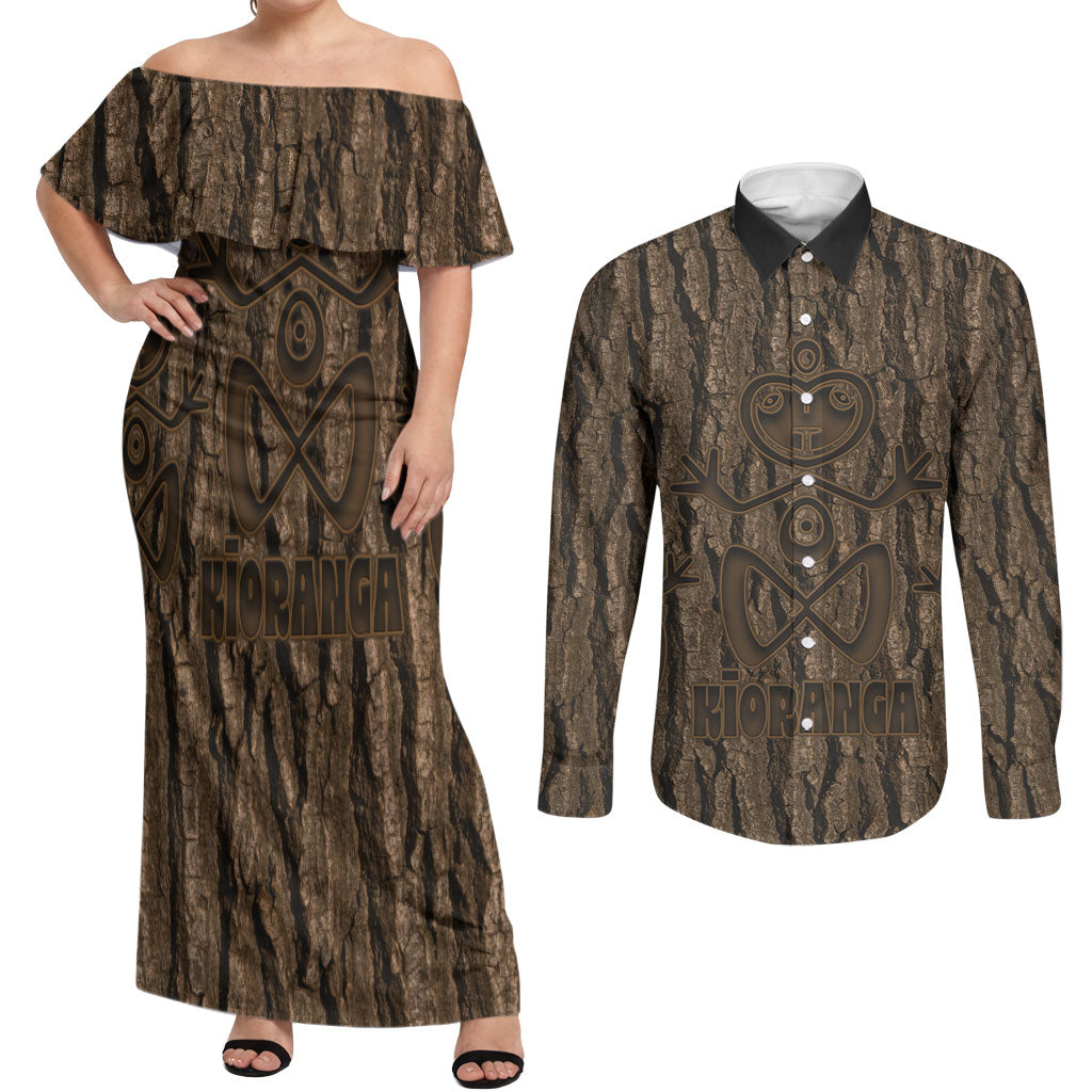 Kioranga Moriori New Zealand Couples Matching Off Shoulder Maxi Dress and Long Sleeve Button Shirt Kopi Rakau Carving Art