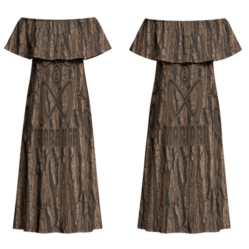 Kioranga Moriori New Zealand Couples Matching Off Shoulder Maxi Dress and Long Sleeve Button Shirt Kopi Rakau Carving Art