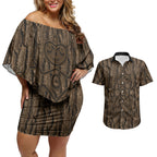 Kioranga Moriori New Zealand Couples Matching Off Shoulder Short Dress and Hawaiian Shirt Kopi Rakau Carving Art