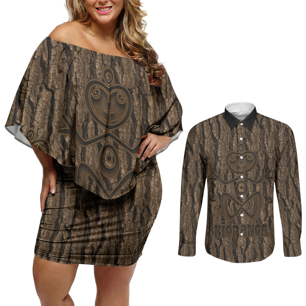 Kioranga Moriori New Zealand Couples Matching Off Shoulder Short Dress and Long Sleeve Button Shirt Kopi Rakau Carving Art