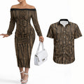 Kioranga Moriori New Zealand Couples Matching Off The Shoulder Long Sleeve Dress and Hawaiian Shirt Kopi Rakau Carving Art