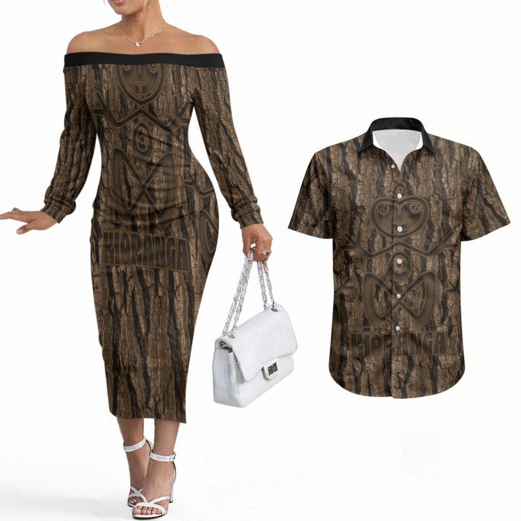 Kioranga Moriori New Zealand Couples Matching Off The Shoulder Long Sleeve Dress and Hawaiian Shirt Kopi Rakau Carving Art