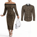 Kioranga Moriori New Zealand Couples Matching Off The Shoulder Long Sleeve Dress and Long Sleeve Button Shirt Kopi Rakau Carving Art
