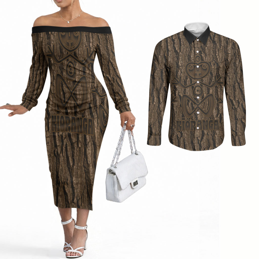 Kioranga Moriori New Zealand Couples Matching Off The Shoulder Long Sleeve Dress and Long Sleeve Button Shirt Kopi Rakau Carving Art